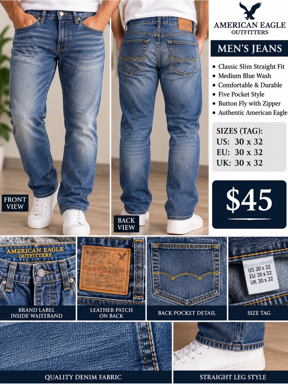 American Eagle Outfitters Men’s Slim Straight Jeans - Medium Blue